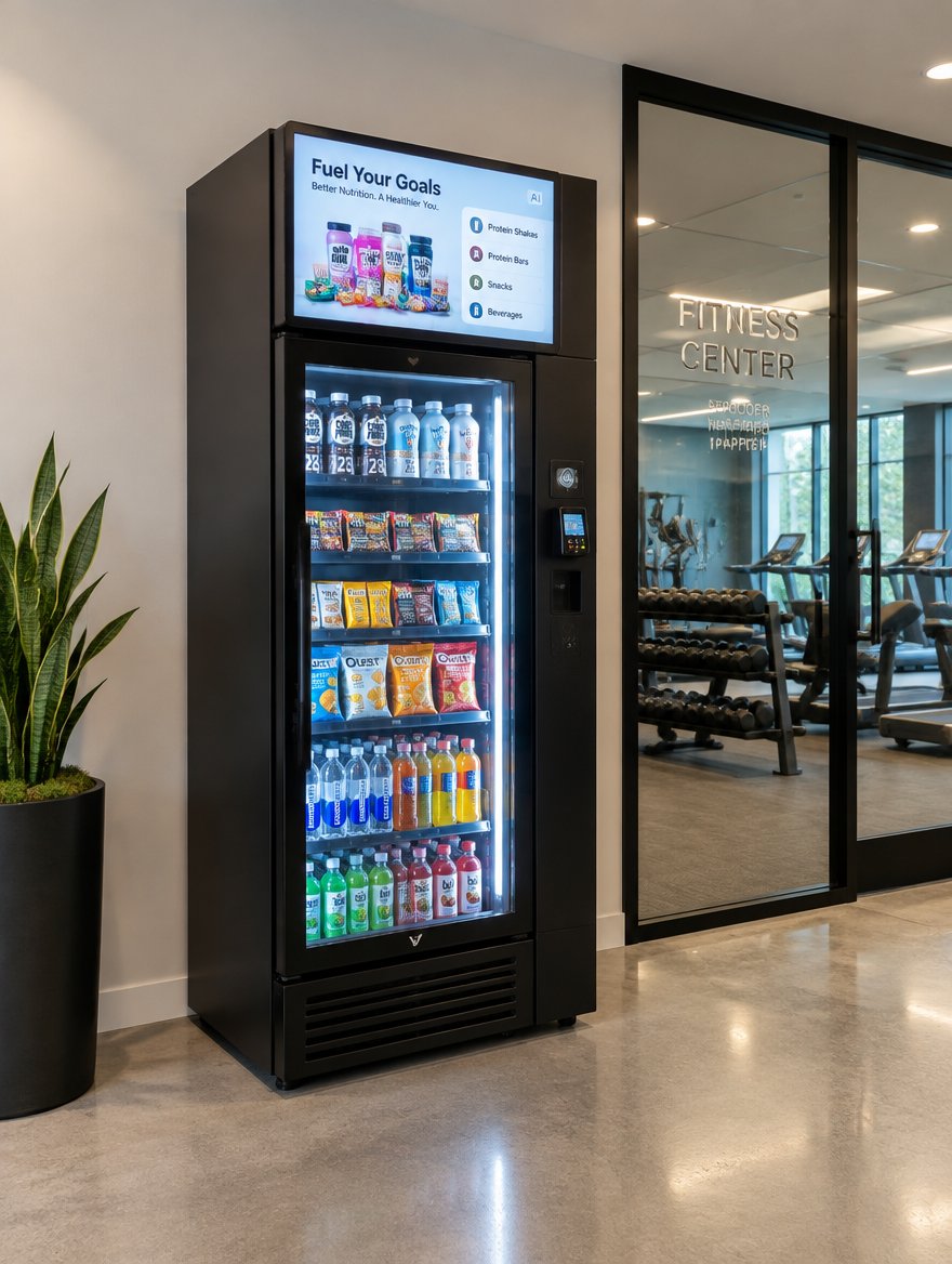 AI smart vending machine placed next to an apartment fitness center