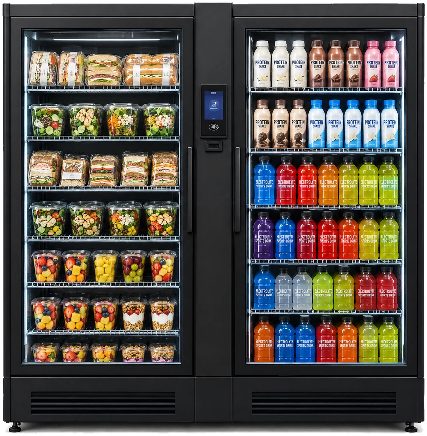 Marketplace 2.0 dual-climate micro market stocked with sandwiches, salads and fruit on the left and protein shakes and electrolyte drinks on the right