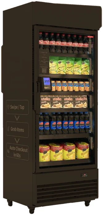 Mid-size single-door AI smart vending cooler, angled view