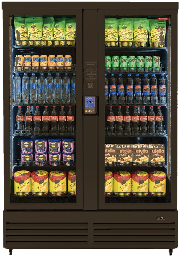 Wide dual-column AI smart vending cooler, front view