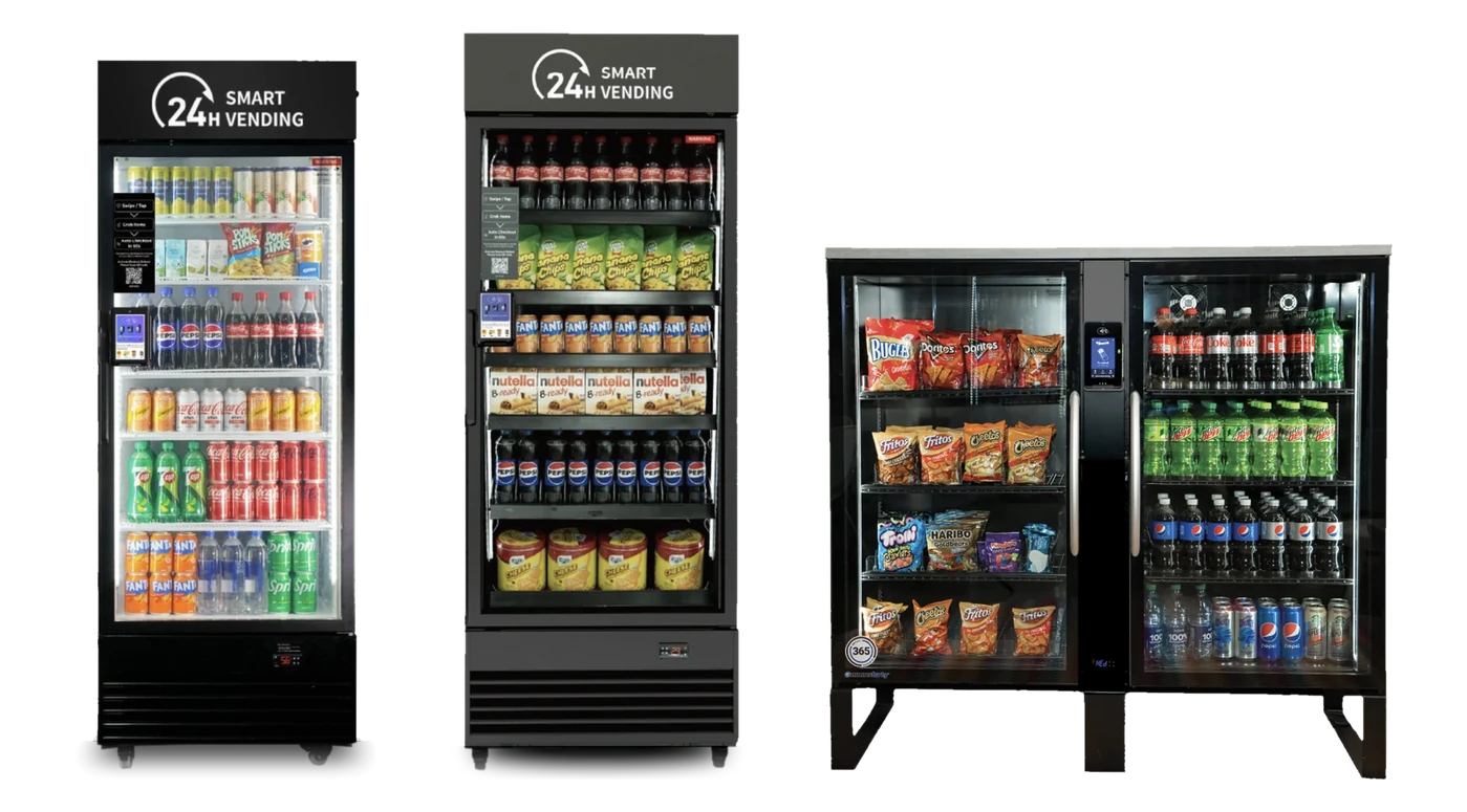 Three SnackMint AI smart coolers side by side at the same scale: Vending Plus 440, Vending Pro 542 and the 365 Retail Markets Stockwell