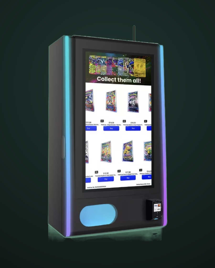 Self-serve trading card vending kiosk with touchscreen pack menu